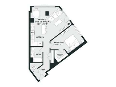 A floor plan of a small apartment with a kitchen, living room, bedroom, bathroom, and entry.